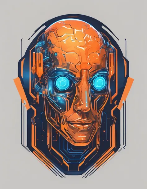 A logo for a cybernetic god, translucent head, silicon neurons, mechanic brain, cyberpunk orange and neon blue colors, modern, colorful <lora:LogoRedmond_LogoRedAF:1>