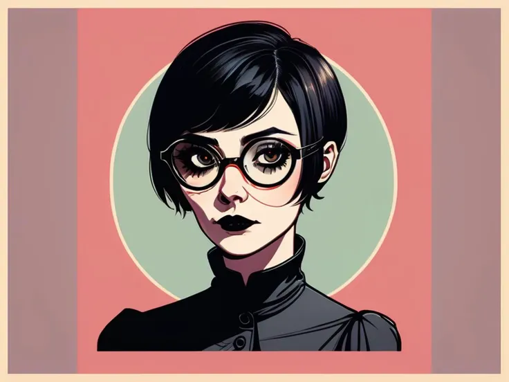 a disgusted woman with thin framed circular glasses and short black hair, dark background, (pop art:1.2), (gothic:1.33)<lora:LogoRedmond_LogoRedAF:1.0>