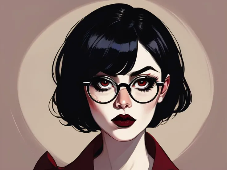a disgusted woman with thin framed circular glasses and short black hair, dark red lipstick, dark background, (pop art:1.2), (gothic:1.33),<lora:LogoRedmond_LogoRedAF:1.0>