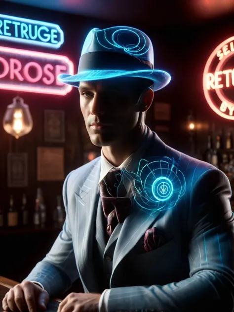 Abstract style, 1man, 1930s private detective with stubble sat at the bar in a dingy speakeasy called (logo text 'RETROFUGE') in Eclipse City, soft lighting, neon glow, dark, smokey, tranzp, best quality, ultra high res, colors and shapes, expression of feelings, imaginative, highly detailed <lora:tranzp-sdxl:1>,neon veins across body clothes skin hat, intricate neon detailing, (transparent elements:1.5), <lora:LogoRedmondV2-Logo-LogoRedmAF:1>
