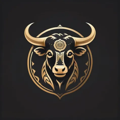 bull logo for TV channel, indian bull with ornament, full body, sitting, (small horns:1), colors (dark, black, gold), <lora:LogoRedmondV2-Logo-LogoRedmAF:1>