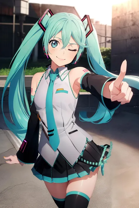 1girl, (masterpiece:1.3), (high resolution), (8K), (extremely detailed), (4k), (pixiv), perfect face, nice eyes and face, (best quality), (super detailed), detailed face and eyes, (solo), textured skin, absurdres, highres, <lora:talesxstyle-09:1>, wztalesxstyle, (hatsune miku:1.2), standing on one leg, one eye closed, neon lights, cute, smile, wind, outdoors, sunlight, pointing at viewer, miniskirt,