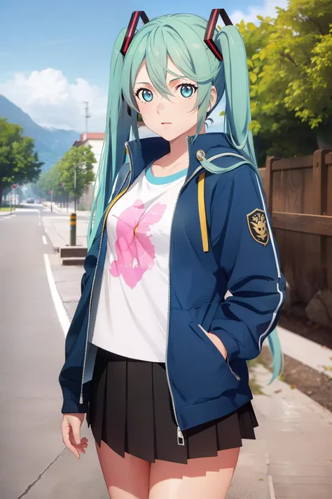 1girl, (masterpiece:1.3), (high resolution), (8K), (extremely detailed), (4k), (pixiv), perfect face, nice eyes and face, (best quality), (super detailed), detailed face and eyes, (solo), textured skin, absurdres, highres, <lora:talesxstyle-09:1>, wztalesxstyle, standing, cowboy shot, outdoors, street, nature, blue sky, looking at viewer, hatsune miku, t-shirt, open jacket, miniskirt, pleated skirt,