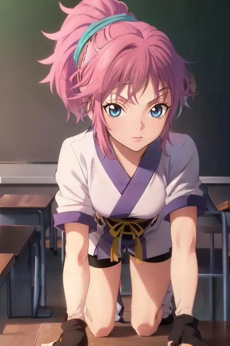 1girl, (masterpiece:1.3), (high resolution), (8K), (extremely detailed), (4k), (pixiv), perfect face, nice eyes and face, (best quality), (super detailed), detailed face and eyes, (solo), textured skin, absurdres, highres, <lora:talesxstyle-09:1>, wztalesxstyle, <lora:machi_komachine:0.7>, wzkomachine, blue eyes, large breasts, sash, bike shorts, short sleeves, bangs, black gloves, fingerless gloves, long hair, pink hair,ponytail, japanese clothes, kimono, large socks, pink socks, serious, classroom, all fours, looking at viewer,