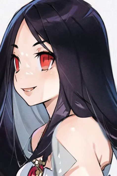 masterpiece, zoom out, score_9, score_8_up, score_7_up, portrait, 1 girl, alone, black hair, long hair, long parted bangs, white eyes, black sclera, (blood tears, small smile), evil, parted lips, expressionless, big breasts, upper body, V-neck strap basic dress, black bottom, best quality, long split bangs, Boku no Hero academia 