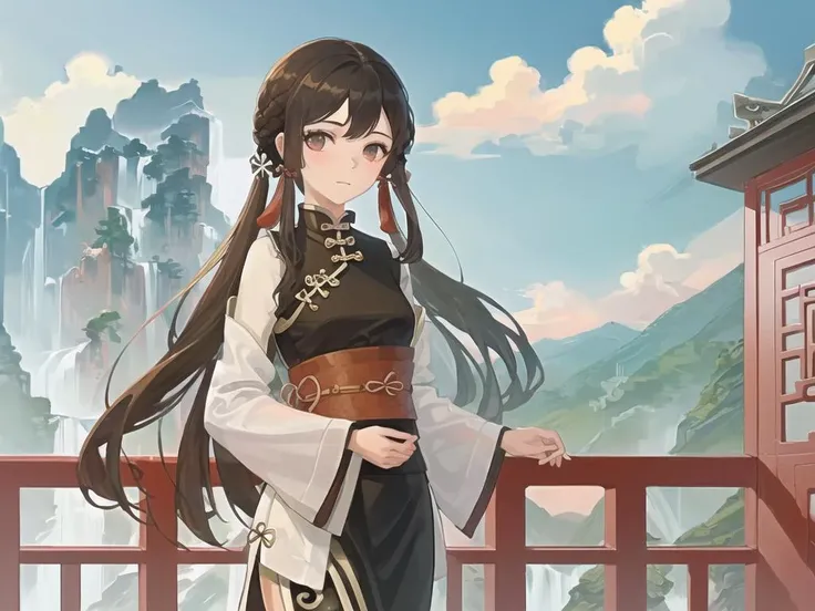 (((masterpiece))),best quality,((illustration)),((((beautiful detailed girl)))),(((extremely detailed CG 8k wallpaper))),((official art)),(1girl:2.5),qinge,((solo)),((petite)),(((female focus on))),(macro shot:1.5),(focus on face),portrait of girl,The girl is in the center of the frame,(((Close-up of girl))),small breasts,(super clothes detailed),looking_at_viewer,Perfect details,(((gold fringes))),((standing)),(((Ancient palace background))), chinese place on the mountain,(((((chinese style architecture))))) behind the girl,depth of field,beautiful sky,((beautiful cloud)),mountain,((((waterfall)))) from the mountaintop,mist,beautiful and delicate water,((beautiful detailed background)),((((wudang)))),a girl in ((zhangjiajie)),dramatic angle,Chinese classical wooden tower,(Chinese ancient multistoried buildings),colorful,Pine,1girl, <lora:qinge-000032:1>