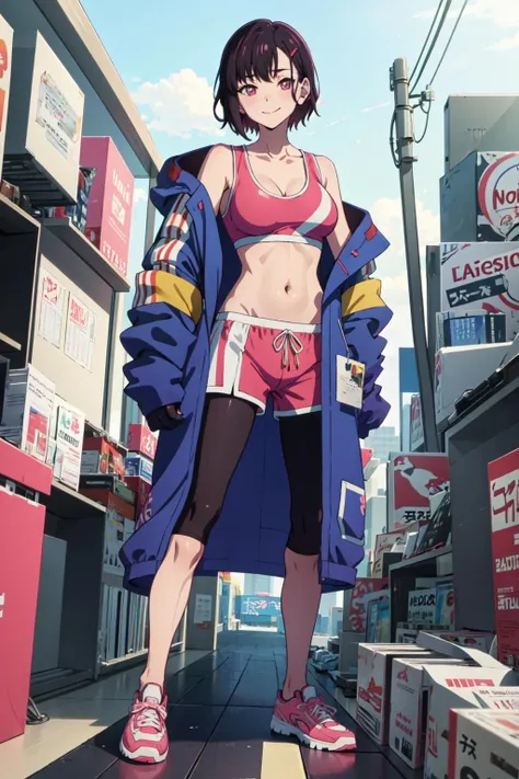 (((masterpiece))), ShizukaMikazuki, 1girl, solo, smile, blush, looking at viewer, short hair, black hair, hair ornament, navel, cleavage, medium breasts, standing, collarbone, jacket, full body, open clothes, shoes, shorts, hairclip, midriff, pink eyes, hand on hip, short shorts, sneakers, sports bra, leggings, pink shorts, (nice hands), woman standing in tokyo at midnight, <lyco:GoodHands-beta2:1.0>, <lora:ShizukaMikazuki-05:0.7>