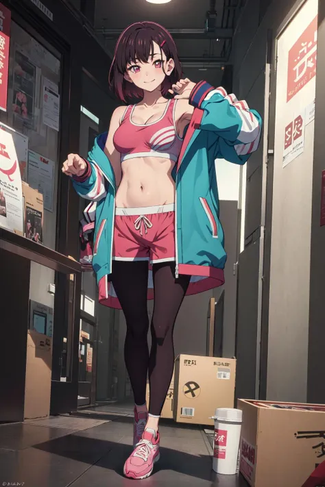 (((masterpiece))), ShizukaMikazuki, 1girl, solo, smile, blush, looking at viewer, short hair, black hair, hair ornament, navel, cleavage, medium breasts, standing, collarbone, jacket, full body, open clothes, shoes, shorts, hairclip, midriff, pink eyes, hand on hip, short shorts, sneakers, sports bra, leggings, pink shorts,  (nice hands), woman standing in tokyo at midnight,  <lyco:GoodHands-beta2:1.0>, <lora:ShizukaMikazuki-05:0.7>