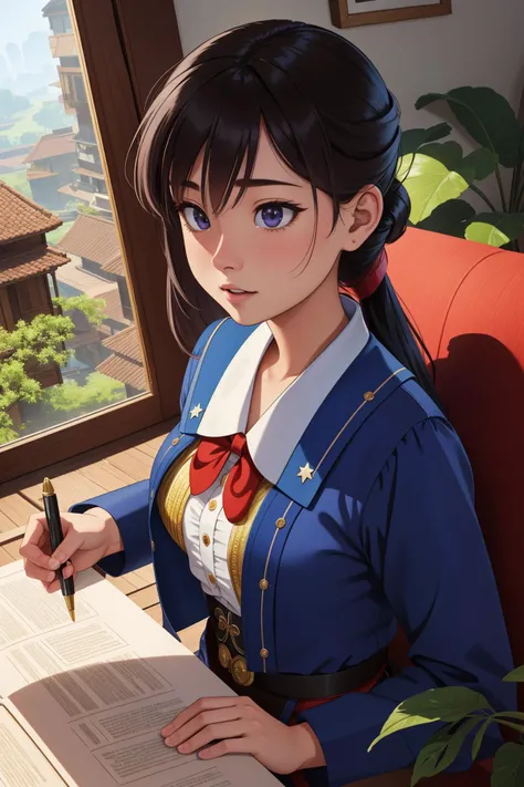 1girl, (art by Zhang Yimou:0.8) , cinema art, studio VRay, hyper detailed, angle from above of a Stale [Gorgeous|Stressed] ("The American Civil War":1.3) , complex Mauve background, lush fauna with Garden, at Midday, in focus, Cel shading, Lustful, Hispanicore, dramatic lighting, macro lens, Low Contrast, caustics, behance, extremely detailed CG Unity 8k wallpaper, award winning