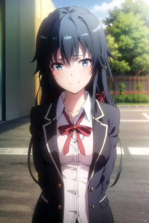 <lora:oregairu:0.8>, (yukinoshitaYukino:1.5), (oregairuUniform:1.5), masterpiece, best quality, absurdres, 1girl, looking at viewer, standing, upper body, outdoors, street, city, arms behind back, smile, furrowed brow