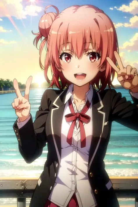 <lora:oregairu:0.8>, (yuigahamaYui:1.5), (oregairuUniform:1.5), masterpiece, best quality, absurdres, 1girl, looking at viewer, standing, upper body, outdoors, (sunset:1.30, lens flare, smile, teeth, ocean, (peace sign:1.3)