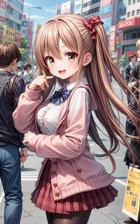 insanely detailed,absurdres,ultra-highres,ultra-detailed,best quality,1girl,solo,nice hands,perfect hands BREAK (School Uniforms:1.2),(pink cardigan is fit body:1.4),((do up a buttons, not loose):1.5),((long sleeve, sleeves past wrists):1.2),(inner wear is white collared-shirt:1.3),(red plaid-pattern bow:1.3),(red plaid-pattern pleated skirt:1.3),((dark-brown pantyhose, loafers):1.2) BREAK happy smile,laugh,open mouth,standing,from side,cute pose,cowboy shot BREAK slender,kawaii,perfect symmetrical face,ultra cute girl,ultra cute face,ultra detailed eyes,ultra detailed hair,ultra cute,ultra beautiful BREAK in harajuku,shibuya,tokyo,street,crowd,cityscape BREAK medium large breasts,(brown hair, brown eyes),hime cut,<lora:add_detail:1>,