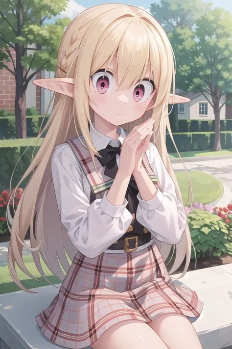 <lora:surprised_v200:0.7>
insanely detailed, absurdres, ultra-highres, ultra-detailed, best quality,
1 girl, solo, nice hands, perfect hands,
BREAK,
(wearing houndstooth pattern dress),
surprised, closed mouth,
sitting on bricks,
from above, cowboy shot, looking at viewer,
BREAK,
slender, kawaii, perfect symmetrical face, ultra cute girl, ultra cute face, ultra detailed eyes, ultra detailed hair, ultra cute, ultra beautiful,
BREAK,
in garden,
BREAK,
elf girl, blonde hair, elf ear, pink eyes, small breasts, (cleavage:-1)