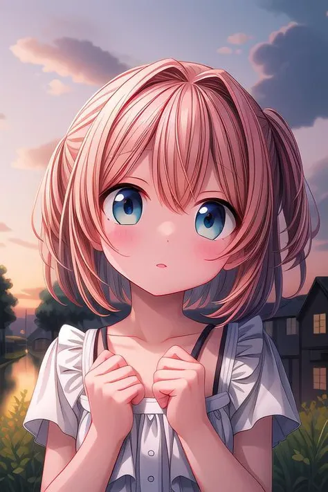 ultra-detailed,masterpiece,best quality,close up,outdoor,town,1girl,sunset,upper body,looking up viewer,blush <lora:hyperdetailer_v080:1>