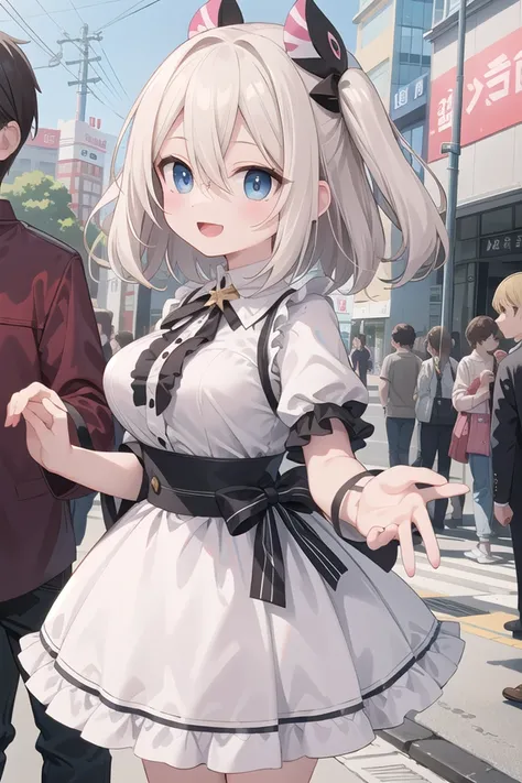insanely detailed, absurdres, ultra-highres, ultra-detailed, best quality,
1girl, solo, nice hands, perfect hands,
BREAK
(wearing harajuku-style coordinate),
happy smile, laugh, open mouth,
dynamic pose,
45 angle, cowboy shot,
BREAK
slender, kawaii, perfect symmetrical face, ultra cute girl, ultra cute face, ultra detailed eyes, ultra detailed hair, ultra cute, ultra beautiful,
BREAK
in harajuku, shibuya, tokyo, street, crowd, cityscape,
medium large breasts,
BREAK, (white) blonde hair, medium hair, messy hair, blue eyes, hair between eyes