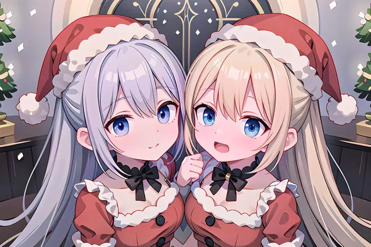 (masterpiece, best quality:1.2, official art, ultra-highres, beautiful and aesthetic:1.2, super detail, extremely detailed, extreme detailed, colorful, insanely detailed, highest detailed, ((ultra-detailed)), absurdres, intricate detail, ((an extremely delicate and beautiful)),(illustration), detailed background),
BREAK
2girls, twins,  (innocent baby face:1.0), (cute:1.3), (short body:1.5), slender, kawaii,
ultimate detailed face, perfect symmetrical face, ultra cute girl, ultra cute face,
(finely detailed beautiful eyes: 1.2, beautiful sensuous eyes, glowing eyes),
skindentation, lustrous skin, super detailed skin, ultimate shiny skin, textured skin, gleaming skin, glistening skin,
ultra detailed eyes, ultra detailed hair, ultra cute,
shiny hair,
ultra beautiful, nice hands, perfect hands, perfect fingers,
perfect anatomy, beauty bone, anatomically correct, perfect eyes,
short torso, hanging breasts, narrow waist, wide hips,
white skin,
silver hair,
blue eyes,
BREAK
happy smile, christmas, noel, santa hat, santa costume, santa red dress,
BREAK
indoors, (moonlight,Beautiful snowing sky),(((( pastel colors kawaii room )))),((((pastel colors gothic room)))), christmas, christmas party room, christmas tree, merry christmas, christmas cake on table, chirstmas gift, Setting material,
looking at viewer, from above,
<Lycoris:GoodHands-vanilla:1> <lora:hyperrefiner_v090:1>