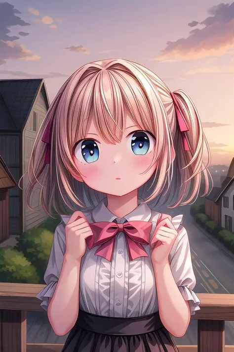 ultra-detailed,masterpiece,best quality,close up,outdoor,town,1girl,sunset,upper body,looking up viewer,blush <lora:hyperdetailer_v080:1>