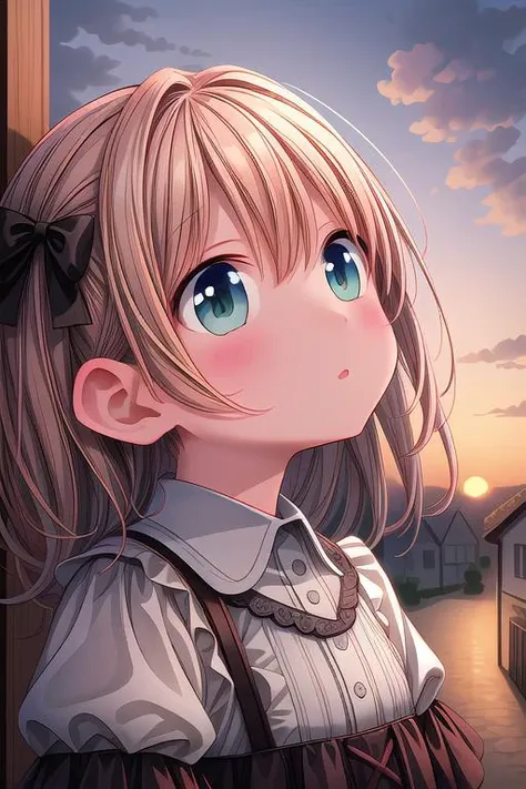 ultra-detailed,masterpiece,best quality,close up,outdoor,town,1girl,sunset,upper body,looking up viewer,blush <lora:hyperdetailer_v080:1>