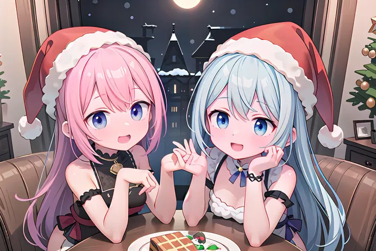 (masterpiece, best quality:1.2, official art, ultra-highres, beautiful and aesthetic:1.2, super detail, extremely detailed, extreme detailed, colorful, insanely detailed, highest detailed, ((ultra-detailed)), absurdres, intricate detail, ((an extremely delicate and beautiful)),(illustration), detailed background),
BREAK
2girls, twins,  (innocent baby face:1.0), (cute:1.3), (short body:1.5), slender, kawaii,
ultimate detailed face, perfect symmetrical face, ultra cute girl, ultra cute face,
(finely detailed beautiful eyes: 1.2, beautiful sensuous eyes, glowing eyes),
skindentation, lustrous skin, super detailed skin, ultimate shiny skin, textured skin, gleaming skin, glistening skin,
ultra detailed eyes, ultra detailed hair, ultra cute,
shiny hair,
ultra beautiful, nice hands, perfect hands, perfect fingers,
perfect anatomy, beauty bone, anatomically correct, perfect eyes,
short torso, hanging breasts, narrow waist, wide hips,
BREAK
white skin,
BREAK
silver hair,
BREAK
blue eyes,
BREAK
happy smile, christmas, noel, santa hat, santa costume, santa red dress,
BREAK
indoors, (moonlight,Beautiful snowing sky),(((( pastel colors kawaii room )))),((((pastel colors gothic room)))), christmas, christmas party room, christmas tree, merry christmas, christmas cake on table, christmas chicken \(food\) on table, chirstmas gift, Setting material,
looking at viewer, from above,
<Lycoris:GoodHands-vanilla:1> <lora:hyperrefiner_v090:1>