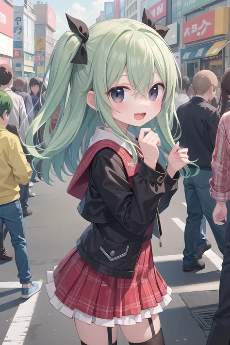 insanely detailed, absurdres, ultra-highres, ultra-detailed, best quality,
1girl, solo, nice hands, perfect hands,
BREAK
(lanky,gothic dress,nylon clothes,denim dress,saddle jacket,red tartan-check pleated skirt,frilled legwear,sneakers:1.2),
BREAK
happy smile, laugh, open mouth, standing,
45 angle,
cute pose, cowboy shot,
BREAK
slender, kawaii, perfect symmetrical face, ultra cute girl, ultra cute face, ultra detailed eyes, ultra detailed hair, ultra cute, ultra beautiful,
BREAK
in harajuku, shibuya, tokyo, street, crowd, cityscape,
BREAK
medium breasts,(cleavage:-1.5),
(green hair, black eyes), hair between eyes