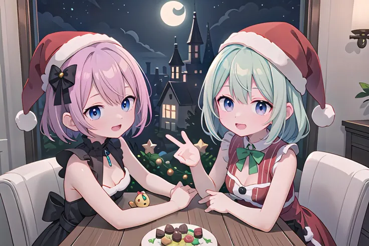 (masterpiece, best quality:1.2, official art, ultra-highres, beautiful and aesthetic:1.2, super detail, extremely detailed, extreme detailed, colorful, insanely detailed, highest detailed, ((ultra-detailed)), absurdres, intricate detail, ((an extremely delicate and beautiful)),(illustration), detailed background),
BREAK
2girls, twins, (innocent :1.0), (cute:1.3), (short body:1.5), slender, kawaii,
ultimate detailed face, perfect symmetrical face, ultra cute girl, ultra cute face,
(finely detailed beautiful eyes: 1.2, beautiful sensuous eyes, glowing eyes),
skindentation, lustrous skin, super detailed skin, ultimate shiny skin, textured skin, gleaming skin, glistening skin,
ultra detailed eyes, ultra detailed hair, ultra cute,
shiny hair,
ultra beautiful, nice hands, perfect hands, perfect fingers,
perfect anatomy, beauty bone, anatomically correct, perfect eyes,
short torso, hanging breasts, narrow waist, wide hips,
BREAK
white skin,
BREAK
silver hair,
BREAK
blue eyes,
BREAK
happy smile, christmas, noel, santa hat, santa costume, santa red dress,
BREAK
indoors, ((((moonlight,Beautiful starry sky)))),(((( pastel colors kawaii room )))),((((pastel colors gothic room)))), christmas, christmas party room, christmas tree, merry christmas, christmas cake on table, christmas chicken \(food\) on table, chirstmas gift, Setting material,
looking at viewer, from above,
<Lycoris:GoodHands-vanilla:1> <lora:hyperrefiner_v090:1>