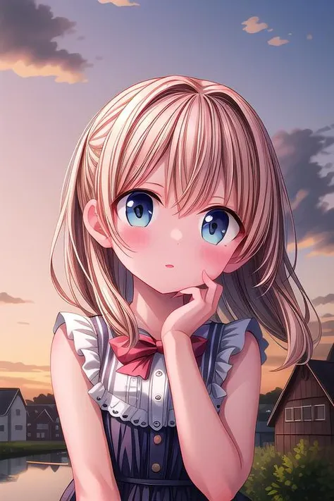 ultra-detailed,masterpiece,best quality,close up,outdoor,town,1girl,sunset,upper body,looking up viewer,blush <lora:hyperdetailer_v080:1>