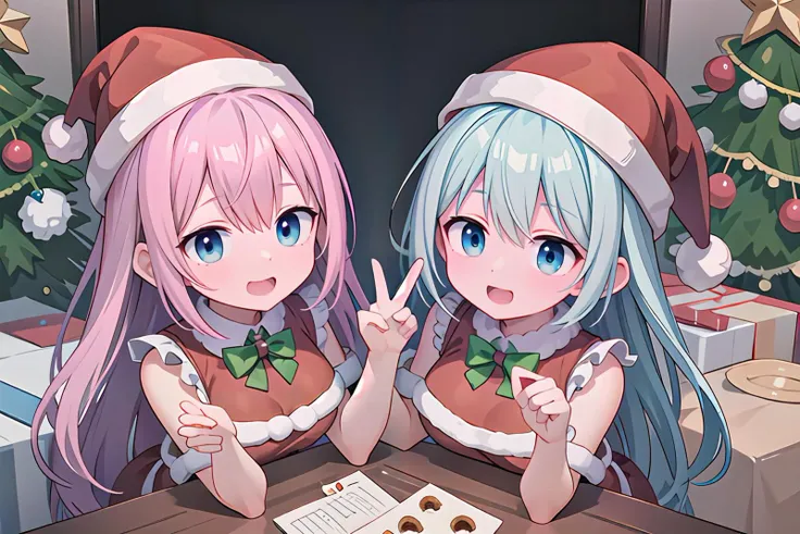 (masterpiece, best quality:1.2, official art, ultra-highres, beautiful and aesthetic:1.2, super detail, extremely detailed, extreme detailed, colorful, insanely detailed, highest detailed, ((ultra-detailed)), absurdres, intricate detail, ((an extremely delicate and beautiful)),(illustration), detailed background),
BREAK
2girls, twins, (innocent :1.0), (cute:1.3), (short body:1.5), slender, kawaii,
ultimate detailed face, perfect symmetrical face, ultra cute girl, ultra cute face,
(finely detailed beautiful eyes: 1.2, beautiful sensuous eyes, glowing eyes),
skindentation, lustrous skin, super detailed skin, ultimate shiny skin, textured skin, gleaming skin, glistening skin,
ultra detailed eyes, ultra detailed hair, ultra cute,
shiny hair,
ultra beautiful, nice hands, perfect hands, perfect fingers,
perfect anatomy, beauty bone, anatomically correct, perfect eyes,
short torso, hanging breasts, narrow waist, wide hips,
BREAK
white skin,
BREAK
silver hair,
BREAK
blue eyes,
BREAK
happy smile, christmas, noel, santa hat, santa costume, santa red dress,
BREAK
indoors, dollhouse view, christmas, christmas party room, christmas tree, merry christmas, christmas cake on table, christmas chicken \(food\) on table, chirstmas gift, Setting material,
looking at viewer, from above,
<Lycoris:GoodHands-vanilla:1> <lora:hyperrefiner_v090:1>