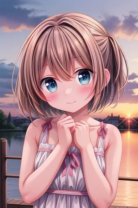 ultra-detailed,masterpiece,best quality,close up,outdoor,town,1girl,sunset,upper body,looking at viewer,blush, <lora:hyperdetailer_v080:1>