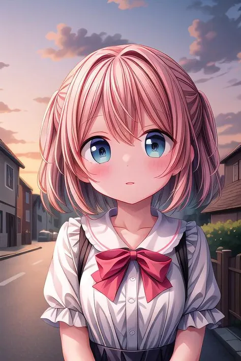 ultra-detailed,masterpiece,best quality,close up,outdoor,town,1girl,sunset,upper body,looking up viewer,blush <lora:hyperdetailer_v080:1>