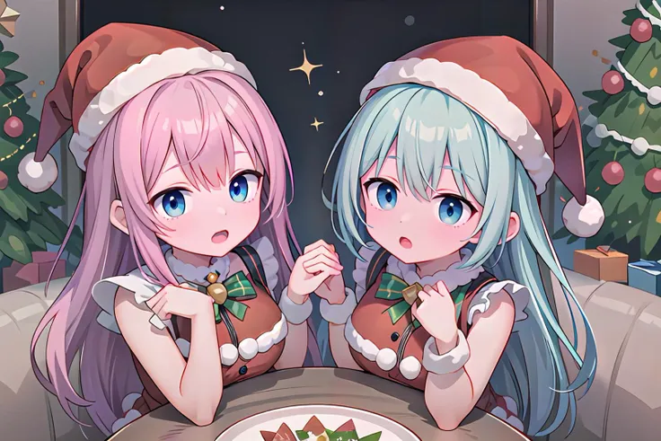 (masterpiece, best quality:1.2, official art, ultra-highres, beautiful and aesthetic:1.2, super detail, extremely detailed, extreme detailed, colorful, insanely detailed, highest detailed, ((ultra-detailed)), absurdres, intricate detail, ((an extremely delicate and beautiful)),(illustration), detailed background),
BREAK
2girls, twins, (innocent :1.0), (cute:1.3), (short body:1.5), slender, kawaii,
ultimate detailed face, perfect symmetrical face, ultra cute girl, ultra cute face,
(finely detailed beautiful eyes: 1.2, beautiful sensuous eyes, glowing eyes),
skindentation, lustrous skin, super detailed skin, ultimate shiny skin, textured skin, gleaming skin, glistening skin,
ultra detailed eyes, ultra detailed hair, ultra cute,
shiny hair,
ultra beautiful, nice hands, perfect hands, perfect fingers,
perfect anatomy, beauty bone, anatomically correct, perfect eyes,
short torso, hanging breasts, narrow waist, wide hips,
BREAK
white skin,
BREAK
silver hair,
BREAK
blue eyes,
BREAK
christmas, noel, santa hat, santa costume, santa red dress,
BREAK
indoors, dollhouse view, christmas, christmas party room, christmas tree, merry christmas, christmas cake on table, christmas chicken \(food\) on table, chirstmas gift, Setting material,
looking at viewer, from above,
<Lycoris:GoodHands-vanilla:1> <lora:hyperrefiner_v090:1>