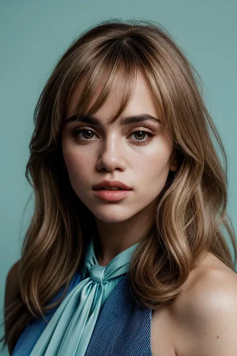 photo of (suk1w4terh0use:0.99), a woman, perfect hair, posing, (modern photo, shoulder sash), (closeup portrait), jewelry, 24mm, (analog, cinematic, film grain:1.2), ((plain Mint Blue background, gradient)), ((detailed eyes)), (4k wallpaper), (epicPhoto)