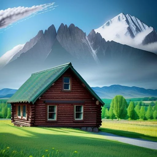 cabin in a green field with mountains and blue sky in the background (embedding:cosmos:1.3)