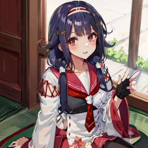 1girl, solo,
RyuuhouKC, japanese clothes, serafuku, muneate, sailor collar, (red) neckerchief, handband, hairband, (black) pantyhose, (black) gloves, partially fingerless gloves, pleated skirt, hair ornament,
BREAK, face close-up view, pov,
,<lora:Ryuuhou-10:0.95>