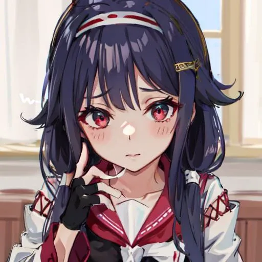 1girl, solo,
 RyuuhouKC, japanese clothes, serafuku, muneate, sailor collar, (red) neckerchief, handband, hairband, (black) pantyhose, (black) gloves, partially fingerless gloves, pleated skirt, hair ornament,
BREAK, face close-up view, pov,
,<lora:Ryuuhou-10:0.95>