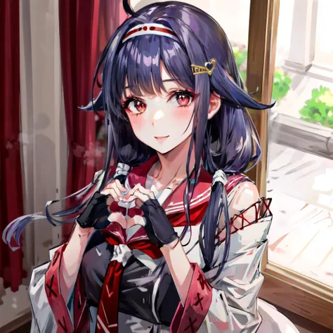 (masterpiece, best quality, highly detailed, absurdres, 4K, HDR: 1.3), (perfect lighting, studio light: 1.15), (best shadow:0.7),
BREAK, (sharp eyeliner, eyeshadow, beautiful iris, beautiful pupils, beautiful eyes), red eyes,
BREAK, beautiful face, perfect anatomy, BREAK, (nice hands, perfect hands, hand by Guido Daniele:1.2),
BREAK, 1girl, solo, RyuuhouKC,
BREAK, japanese clothes, serafuku, muneate, sailor collar, (red) neckerchief, handband, hairband, (black) pantyhose, (black) gloves, partially fingerless gloves, pleated skirt, hair ornament,
BREAK, smile, (Double heart hands, heart shape hand:1.4),
BREAK, close-up view, leaning forward, looking at viewer,
BREAK, <lora:Ryuuhou-10:0.95>, <lora:add_detail:0.15>, <lora:hipoly_3dcg_v7-epoch:0.3:NF>, <lyco:GoodHands-beta2:1.3>