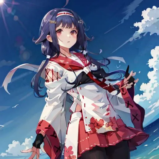 1girl, solo,
RyuuhouKC, japanese clothes, serafuku, muneate, sailor collar, (red) neckerchief, handband, hairband, (black) pantyhose, (black) gloves, partially fingerless gloves, pleated skirt, hair ornament,
BREAK, oblique-angle view
,<lora:Ryuuhou-10:0.95>