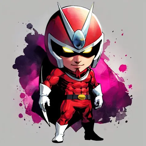 Viewtiful Joe, red bodysuit, translucent pink scarf, helmet with glowing yellow eyes, goatee, white gloves, white boots, abs, standing, short, chibi head,
(insanely detailed, beautiful detailed face, masterpiece, best quality) intricate details, volumetric lighting, tone mapping, <lora:Joe-10:0.7>