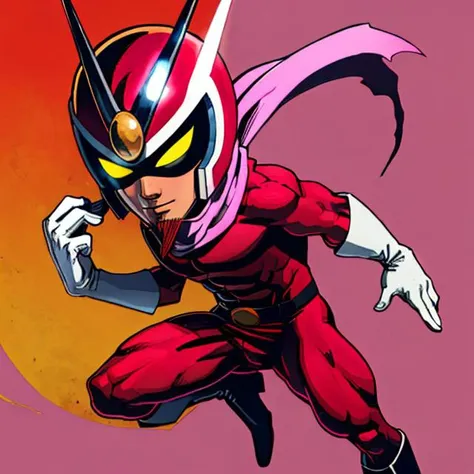 Viewtiful Joe, red bodysuit, pink scarf, helme with glowing yellow eyes, goatee, white gloves and boots, abs,
(insanely detailed, beautiful detailed face, masterpiece, best quality) <lora:Joe-09:0.8>