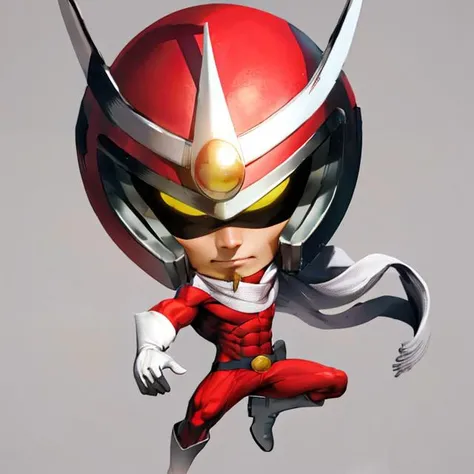 Viewtiful Joe, red bodysuit, translucent pink scarf, helmet with glowing yellow eyes, goatee, white gloves, white boots, abs, short, chibi head,
(insanely detailed, beautiful detailed face, masterpiece, best quality) intricate details, volumetric lighting, tone mapping, <lora:Joe-10:0.7>