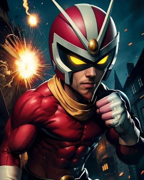 Joe,red goatee, upper body, solo, closed fists,
Viewtiful, full red bodysuit, (pink scarf), helmet with glowing yellow eyes, white gloves and boots, abs,
mouth closed,
town, explosions
(insanely detailed, beautiful detailed face, masterpiece, best quality) <lora:Viewtifuljoe-10v2:0.7>