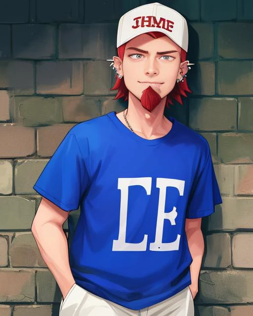 Joe,red goatee, upper body, red hair, solo, hands in pockets, solo, smirk, determination,
Jocasu, loose shirt) (blue t-shirt with letters), (backwards baseball cap) , cargo shorts, white footwear, ear piercings,
mouth closed,
town, explosions
(insanely detailed, beautiful detailed face, masterpiece, best quality) <lora:Viewtifuljoe-10v2:0.7>