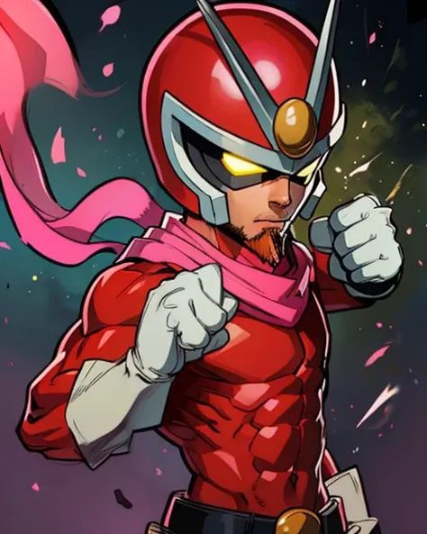 Joe,red goatee, upper body, solo, closed fists,
Viewtiful,red bodysuit, (pink scarf), helmet with glowing yellow eyes, white gloves and boots, abs,
mouth closed,
town, explosions
(insanely detailed, beautiful detailed face, masterpiece, best quality) <lora:Viewtifuljoe-10v2:0.7>