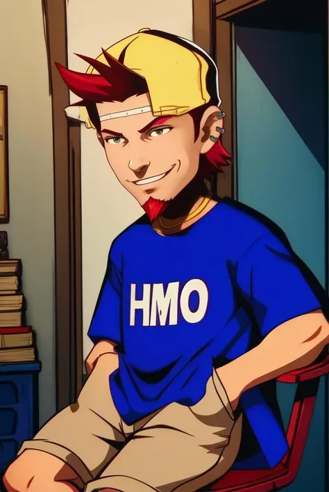 Joe,red goatee, upper body, red hair, solo, hands in pockets, solo, smirk, brown eyes,
loose shirt ,blue t-shirt with letters, backwards baseball cap, cargo shorts, ear piercings,
sitting, smile,
movie theater, indoors,
(insanely detailed, beautiful detailed face, masterpiece, best quality) <lora:Viewtifuljoe-10v5:0.8>