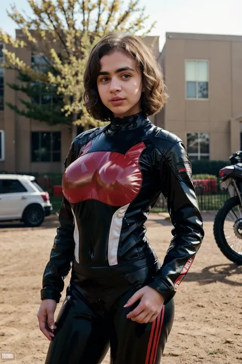tv_Solomiya_Maievska_M_v2, , , wearing a full body biker suit, standing next to a dirtbike, happy expression,, 8k resolution, highres, high detail, sharp focus, detailed skin, 8k uhd,