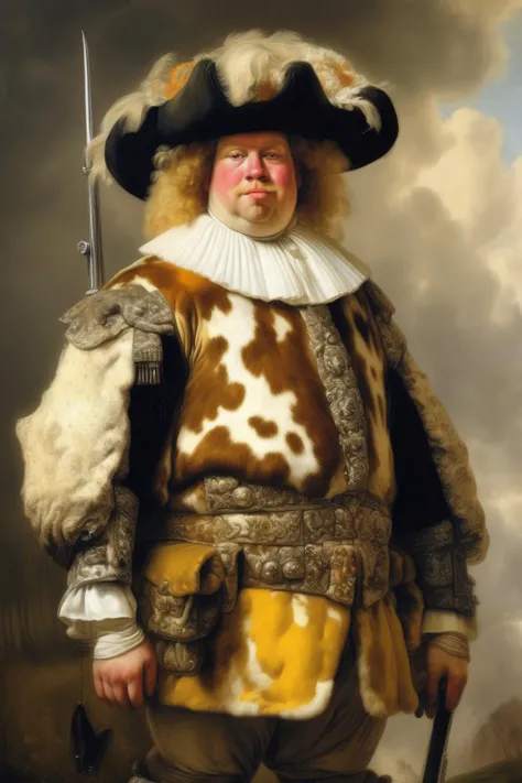 <lora:Jan van Goyen Style:1>Jan van Goyen Style - An illustration from a painting by Rembrandt of a Simmental dressed as a soldier, 8k,dressed in noble clothing and expensive equipment