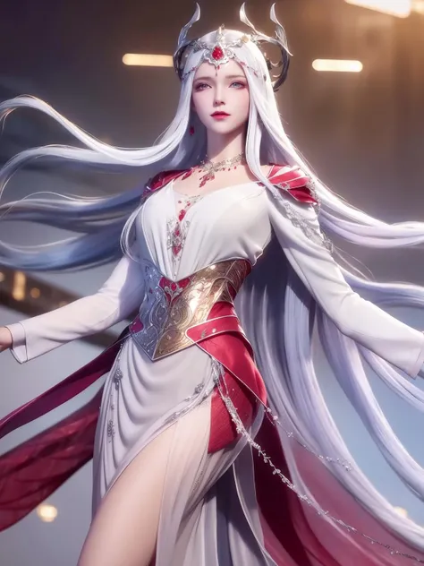<lora:dldlllBOSAIXI_20230726124640:0.75>,long hair, 1girl, mature female, looking at viewer, cityscape, night, hair ornament, necklace, long dress,jewelry, metal trim,long sleeves, white hair,cowboy shot, multicolored dress, red capelet,
