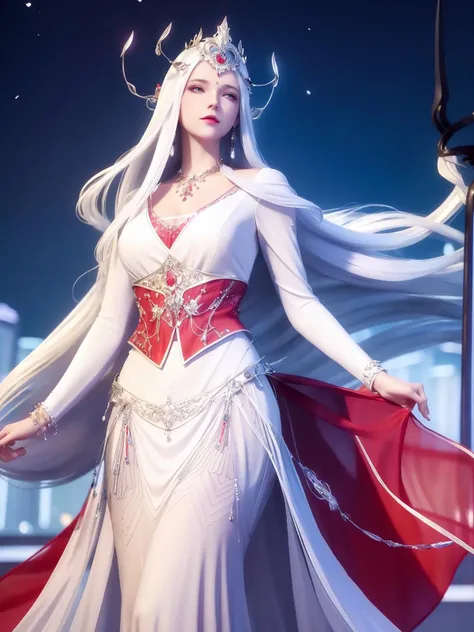 <lora:dldlllBOSAIXI_20230726124640:0.75>,long hair, 1girl, mature female, looking at viewer, cityscape, night, hair ornament, necklace, long dress,jewelry, metal trim,long sleeves, white hair,cowboy shot, multicolored dress, red capelet, gem,crown, blue dress,