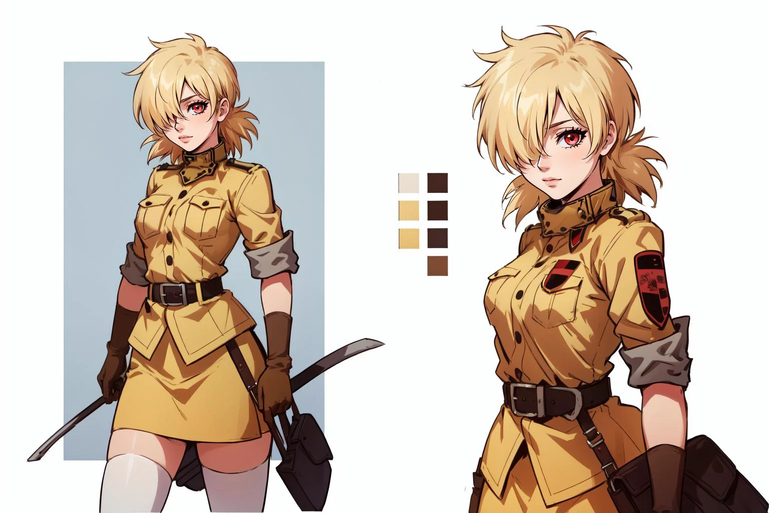 (masterpiece, best quality), intricate details,
1girl, <lora:hellsing_serasvictoria-10:0.8> seras victoria, hair over one eye, blue / red eyes, military uniform, yellow shirt, gloves, skirt, white thighhighs, belt
simple background, reference sheet, multiple views, stats, character sheet,