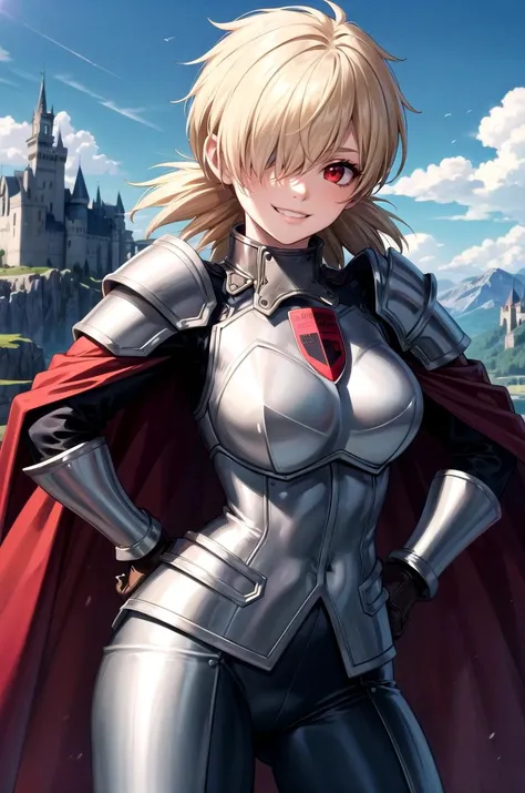 (masterpiece, best quality, detailed), 1girl, solo, seras victoria, hair over one eye, looking at viewer,
armor, breastplate, armored dress, cape, gauntlets, shoulder armor, bodysuit, outdoors, mountain, castle, fantasy, scenery, sky, hands on hips, smirk, red eyes