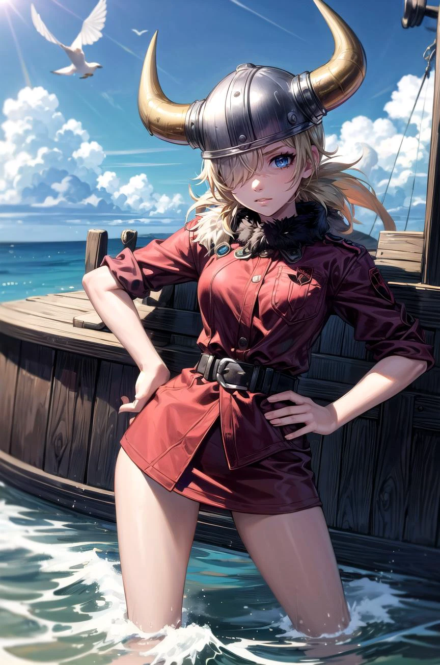 (masterpiece, best quality, detailed), 1girl, solo, seras victoria, hair over one eye, looking at viewer,
<lora:AncientVikings:0.9>, ancient viking, viking helmet, horned helmet, fur trim, helmet, ship, ocean, waves, seagull, cloudy sky, hands on hips, serious, blue eyes
